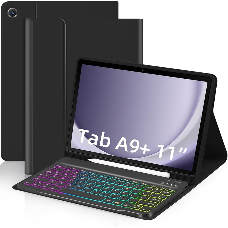 Case with Keyboard for Samsung Galaxy Tab A9 plus 11 Inch (SM-X210/X215/X216/X218),7 Color Rainbow Backlight Detachable USB-C Keyboard Magnetic Case with Pen Slot for Tablet A9+ 5G Black