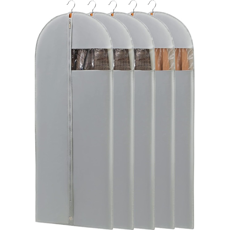 Dress Bags for Gowns, 65'' Long Garment Bags for Hanging Clothes, Dress Garment Bag, Grey Dress Cover with Clear Window for Dresses, Coats, Uniforms - 5 Pack