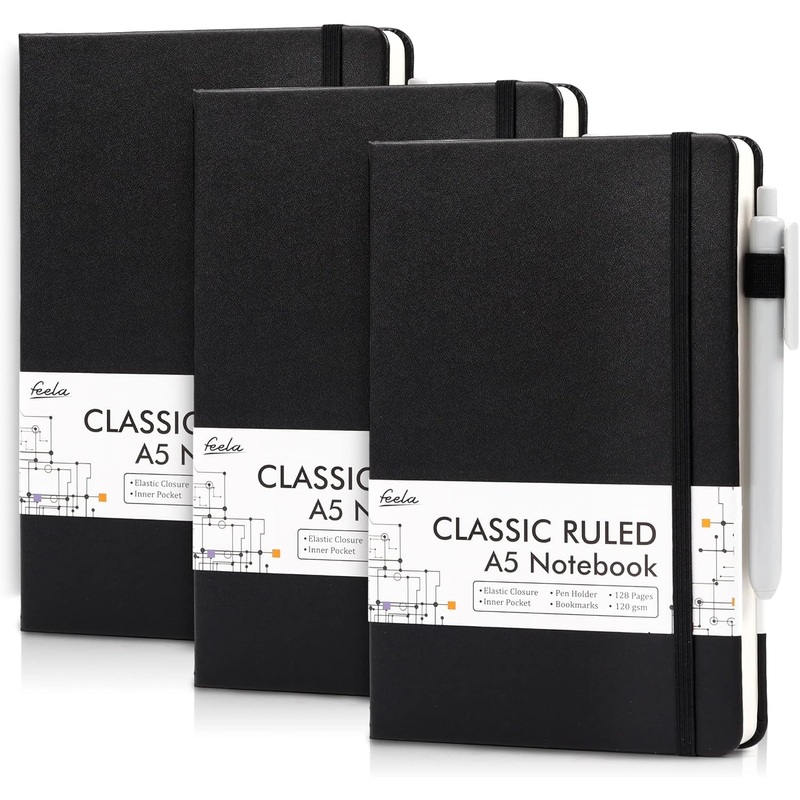 Feela 3 Pack Notebooks Journals Bulk with 3 Black Pens, A5 Hardcover Notebook Classic Ruled Lined Journal Set with Pen Holder for Work Business Journaling Note Taking, 120 GSM, 5.1X8.3, Black