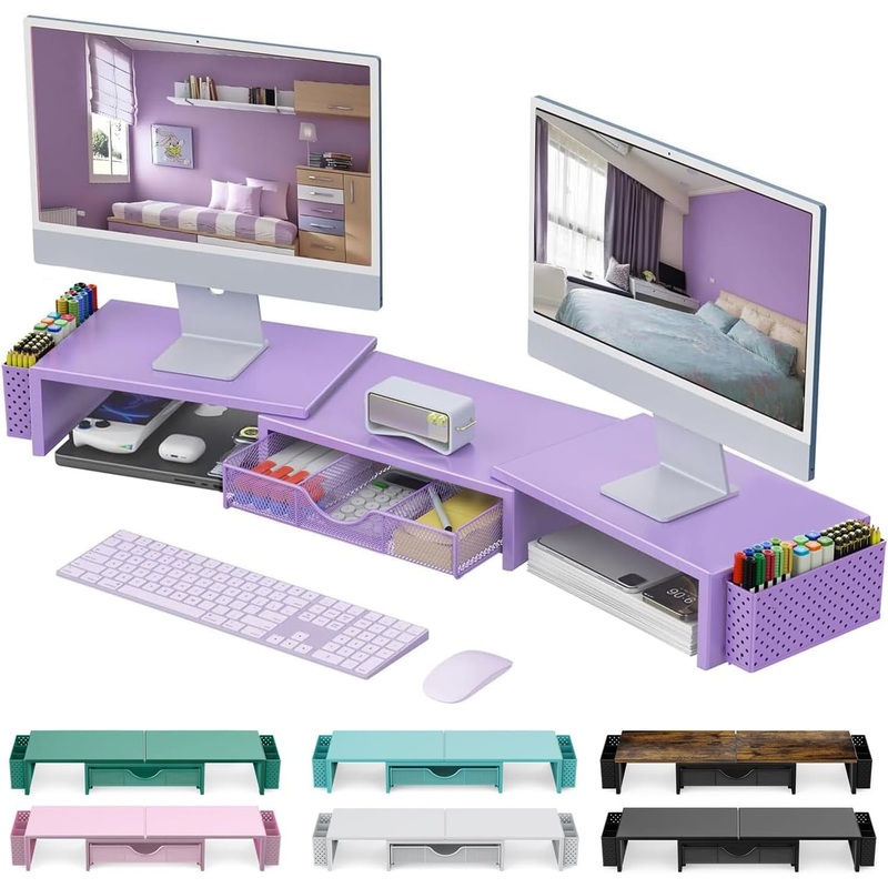 Gianotter Dual Monitor Stand Riser, Desk Organizer with Drawer and 2 Pen Holders, Desk Organizers and Accessories, Purple Office Decor (Purple)