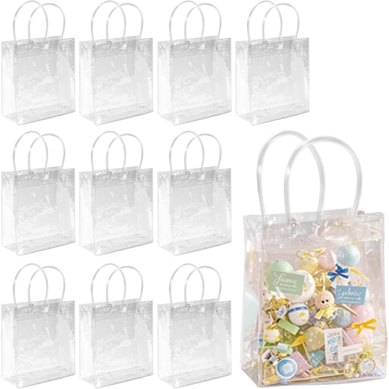 MAQIHAN Clear PVC Gift Bags with Handles 10 PCS PVC Party Favor Bags Transparent Party Favour Plastic Gift Bags 5.9X6.3 Inches Clear Mini Tote Goodie Bag Bulk PVC Plastic Bags with Handles for Gifts