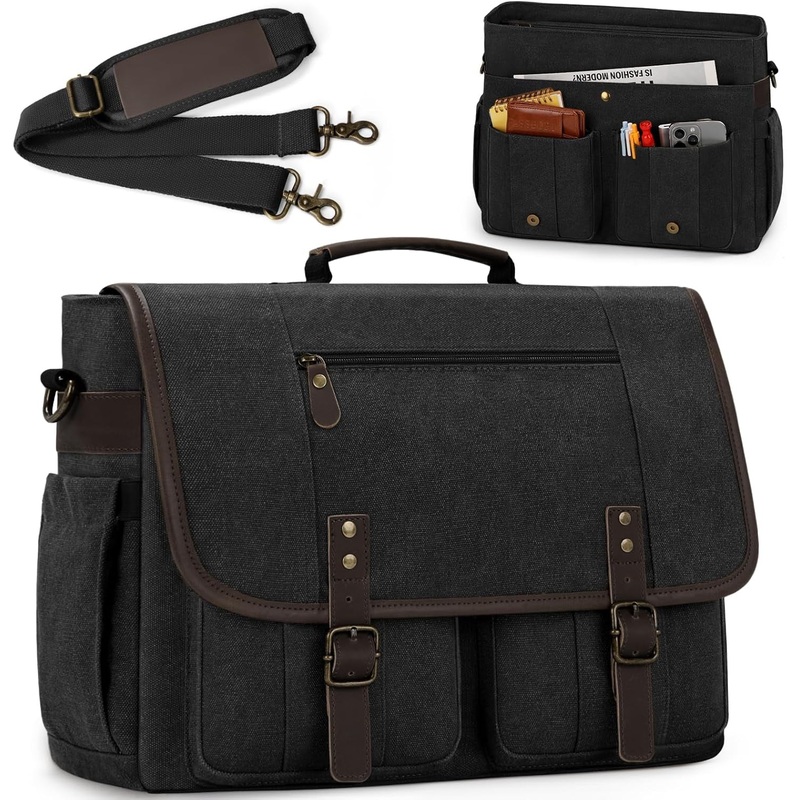 RAINSMORE Mens Messenger Bag 17-17.3 Inch Vintage Canvas Briefcase Water-Resistant Large Computer Laptop Bag Rugged Satchel Shoulder Bag for Work Travel, Bookbag for College