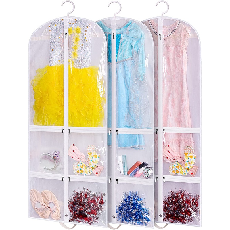 SLEEPING LAMB Clear Garment Bag for Dance Costume Kids 50 Inch Hanging Clothes Cover for Closet Storage with 4 Large Zipper Pockets for Ballet, Theatre, Competitions, 3 Packs, White