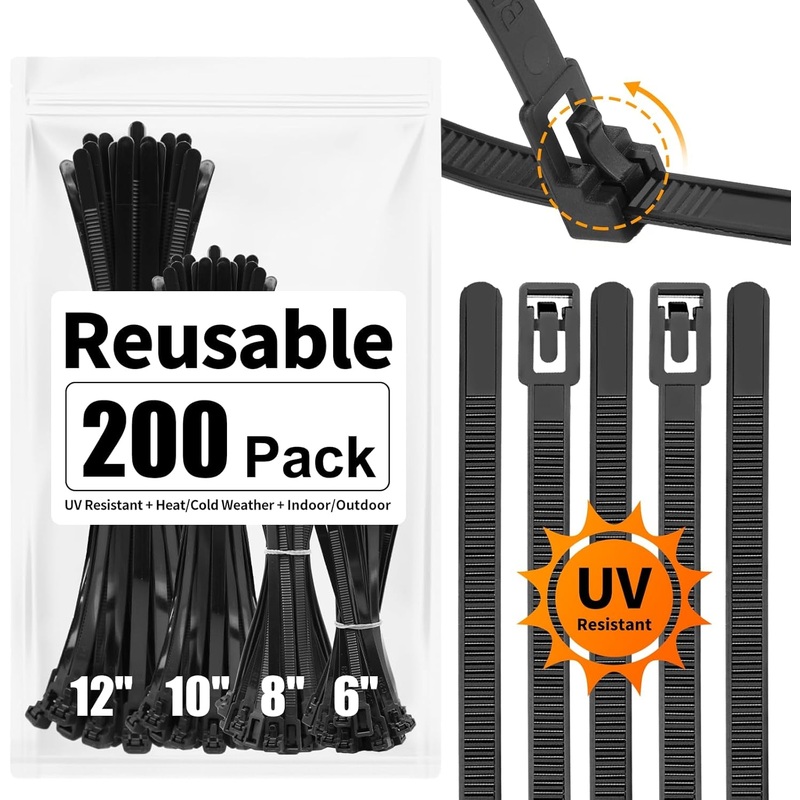 SOOOEC 200 Pack Reusable Zip Ties Assorted Sizes 6+8+10+12 Inch UV Resistant, Black Zip Ties Heavy Duty Outdoor Releasable round Ending No Hurt, Cable Ties Reusable Tie Wraps Indoor Non Slip Off