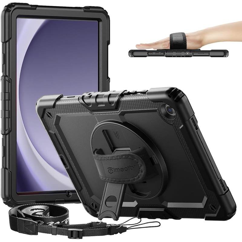 Timecity Case for Samsung Galaxy Tab A9+/ A9 plus 11 Inch, Full-Body Protective with Screen Protector, Rotating Stand, Hand/Shoulder Strap for Galaxy A9+ Tablet (SM-X210/X216/X218)- Black