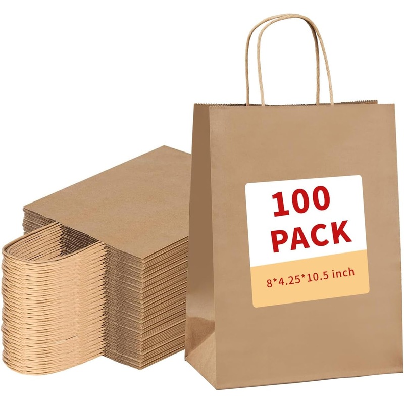 Vanhel 100 Pack Brown Paper Bags with Handles,8X4.25X10.5 Inches,Gift Bags Medium Size,Gifts Bag Bulk for Festival,Birthday, Favor,Party,Shopping,Retail Merchandise