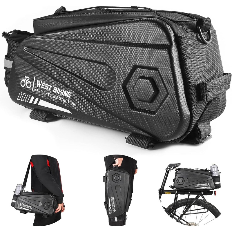 West Biking Bike Rear Seat Bag, Double Water Resistant, Zipper, Bicycle Trunk Pannier, 8.6L Capacity Waterproof Backseat Carrier Cargo Pouch with Strap & Rain Cover for Cycling
