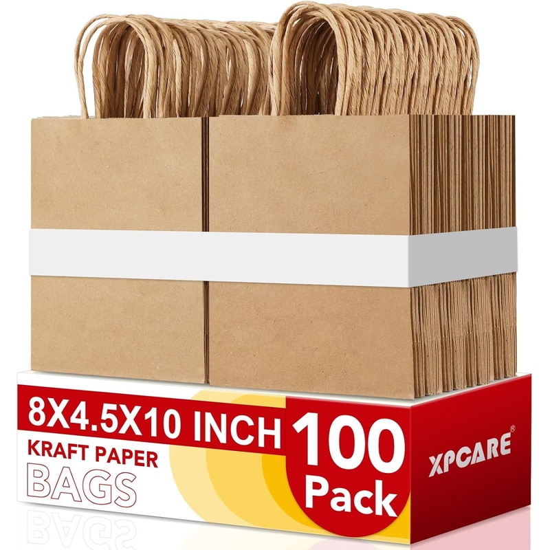 XPCARE 100Pack Brown Paper Bags 8X4.5X10 Inch, Plain Medium Paper Bags with Handles Bulk, Kraft Paper Gift Bag, Retail, Party, Shopping, Favor Bag