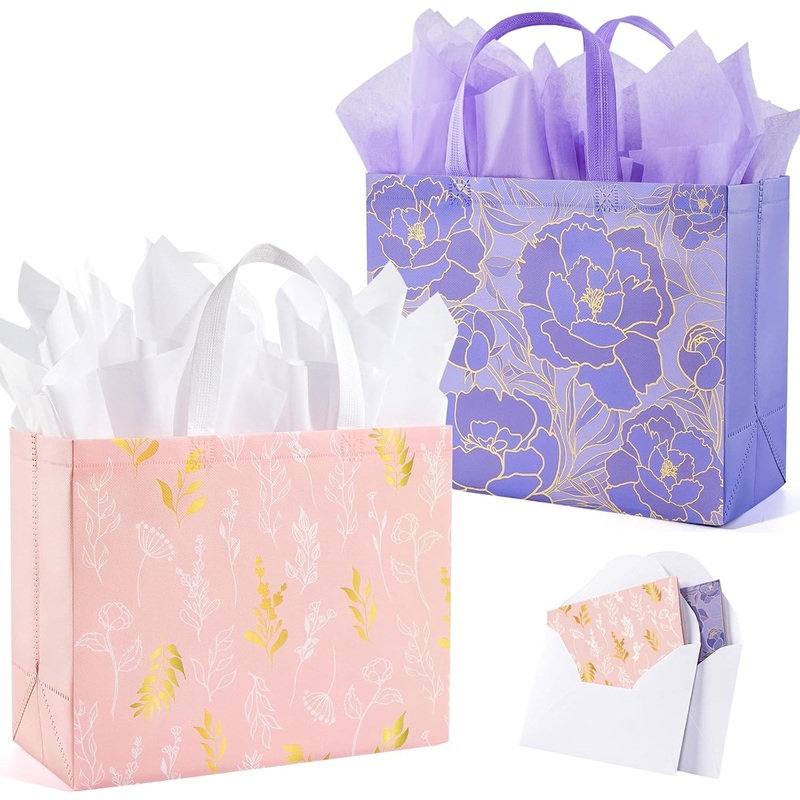 YANGTE 2 Pack 13" Large Beautiful Gift Bags Set with Greeting Card and Tissue Paper, Reusable Non-Woven Gift Wrap Bags with Handle for Presents of Any Birthday, Weddings, Mothers Day & Special Moments