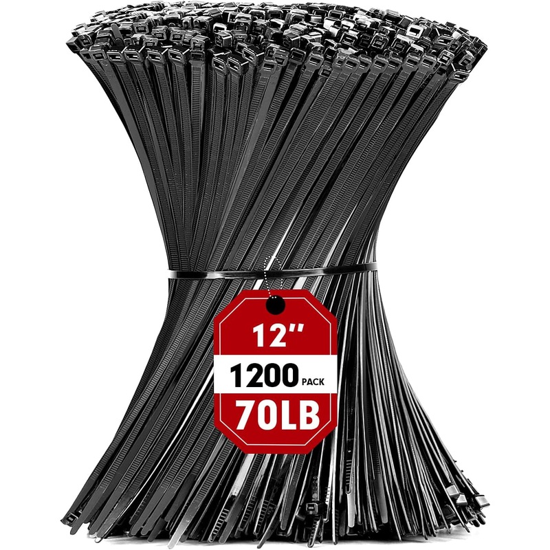 Zip Ties, RAZCC 1200Pcs Black Cable Zip Ties 12 Inch, Heavy Duty Plastic Wire Ties with 70Lb Tensile Strength, Self-Locking Black Nylon Tie Wraps for Indoor and Outdoor