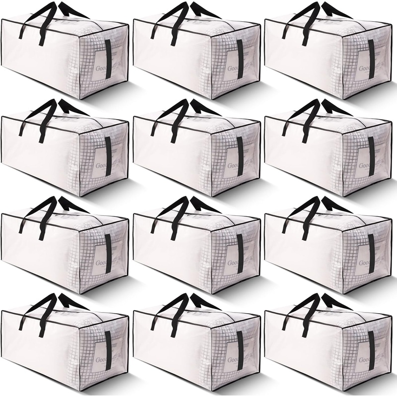 12 Pack Heavy Duty Waterproof Moving Bags with Zippers & Carrying Handles, Semi-Transparent