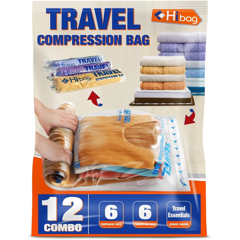 12-Pack Travel Compression Bags Set with Dual Zippers for Packing & Organizer