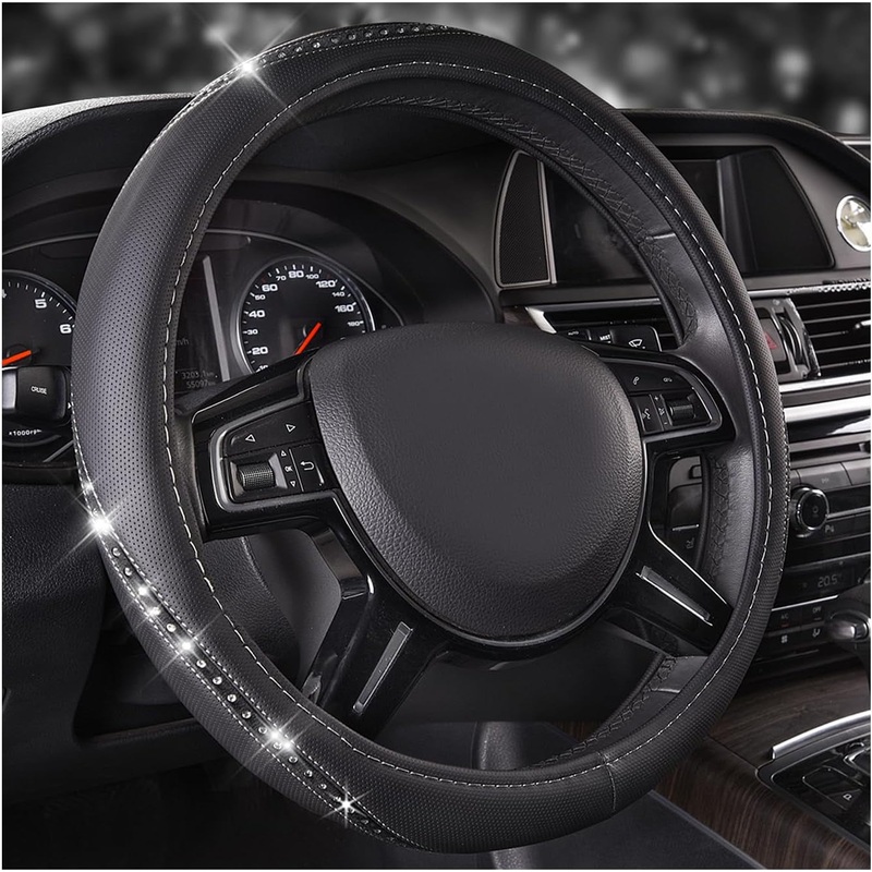 14.5-15 inch Leather Steering Wheel Cover with Rhinestones for Women, Universal, Black