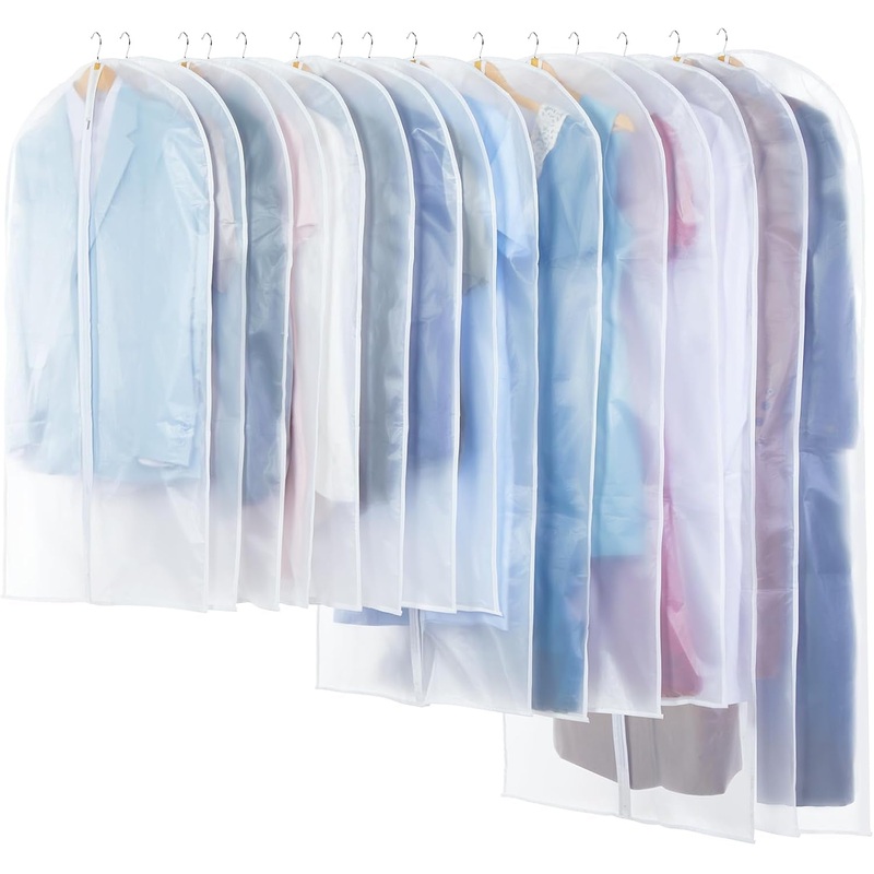 15 Pack Translucent Garment Bags with Full-Length Zipper - 24" x 40"/47"/55"