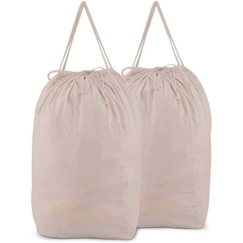 2 Pack Cotton Drawstring Laundry Bags with Handles, Dirty Clothes Organizer, 140L Beige
