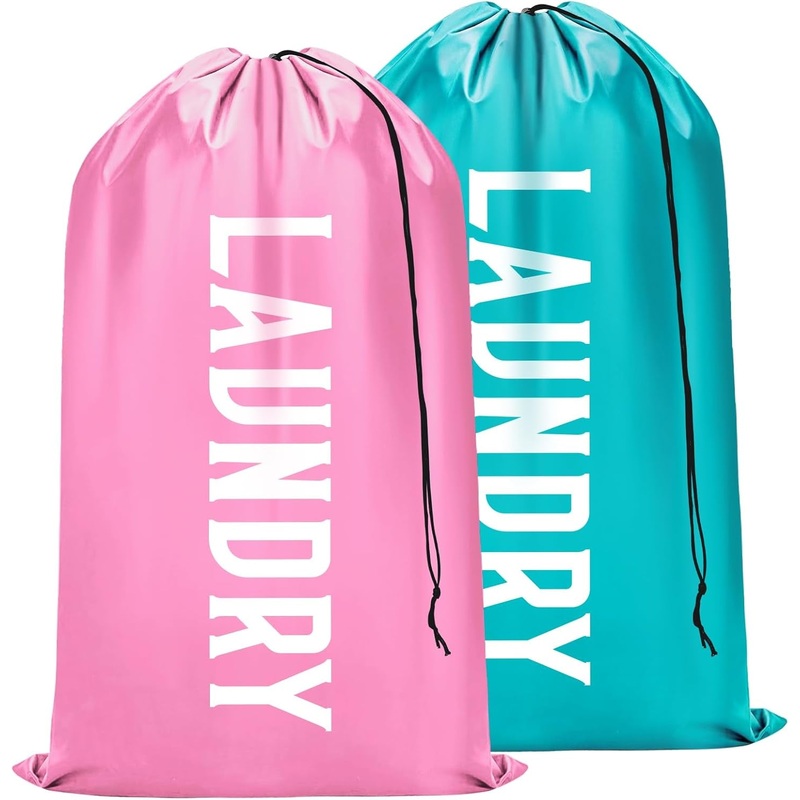 2 Pack Travel Laundry Bag with Drawstring, Nylon Dirty Clothes Organizer, Pink & Blue