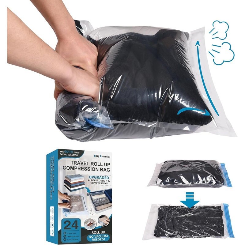 24 Pack Travel Compression Bags for Cruises & Home Storage Organization - No Vacuum Needed, 3 Sizes