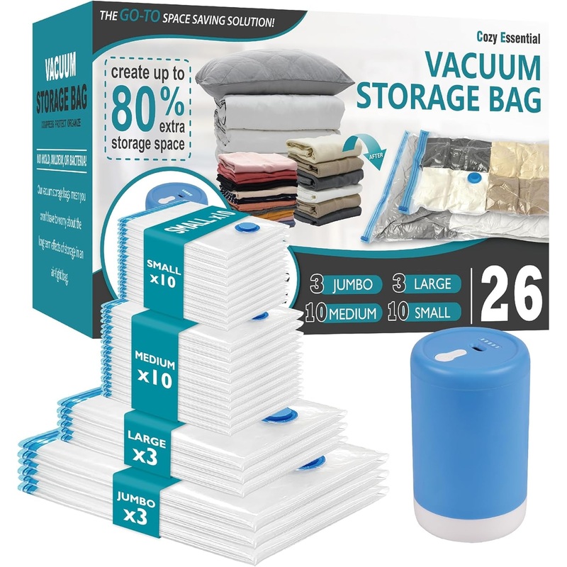 26 Pack 4 Sizes Vacuum Storage Bags with Electric Air Pump for Clothes, Bedding & Seasonal Storage