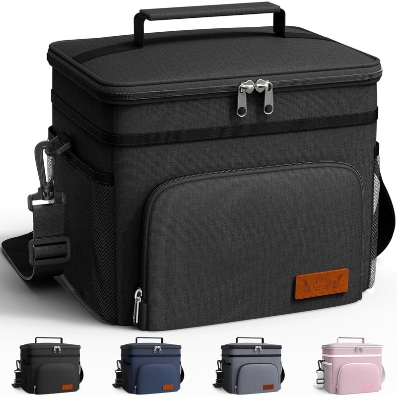 3-Layer Insulated Lunch Box, Leakproof Cooler Lunch Bag with Adjustable Strap, Unisex, 9L-Black