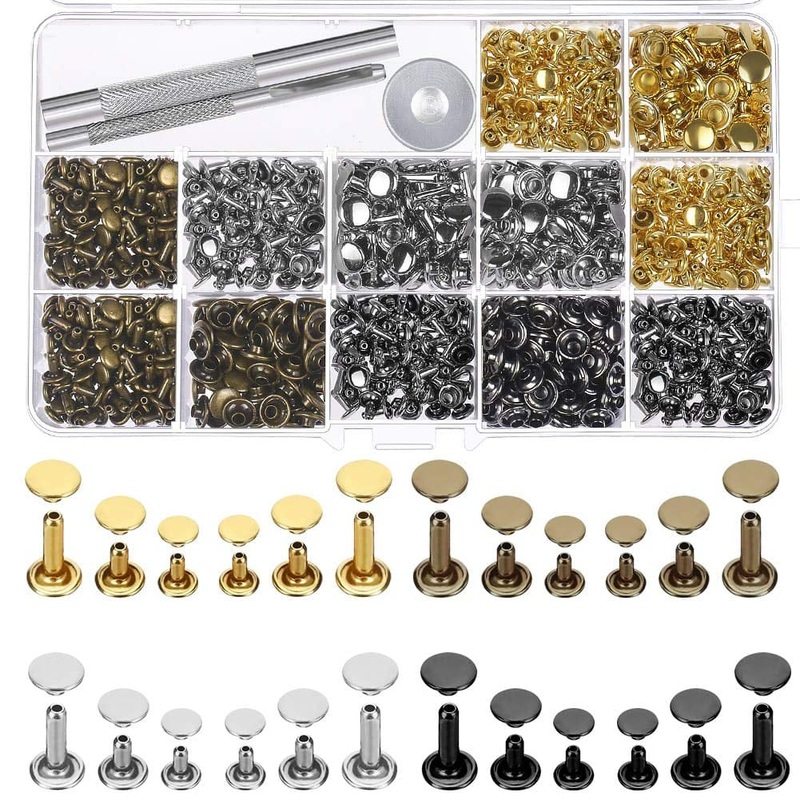 480 Pc Leather Double Cap Rivets Set with Tool Kit, 4 Colors & 3 Sizes