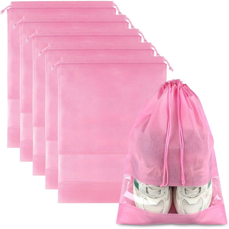 5-Pack Travel Shoe Bags with Drawstring & Clear Window, Fits Under to Size 13, Pink