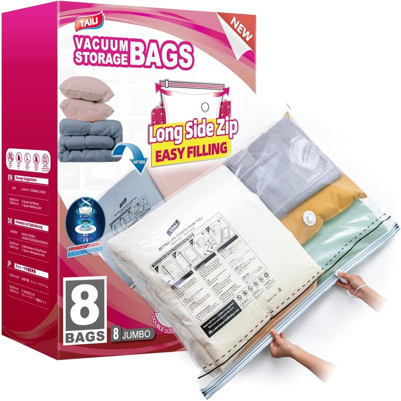8 Pack Long Side-zip Vacuum Storage Bags  for Clothes, Bedding & Seasonal Storage, 39x28 inch