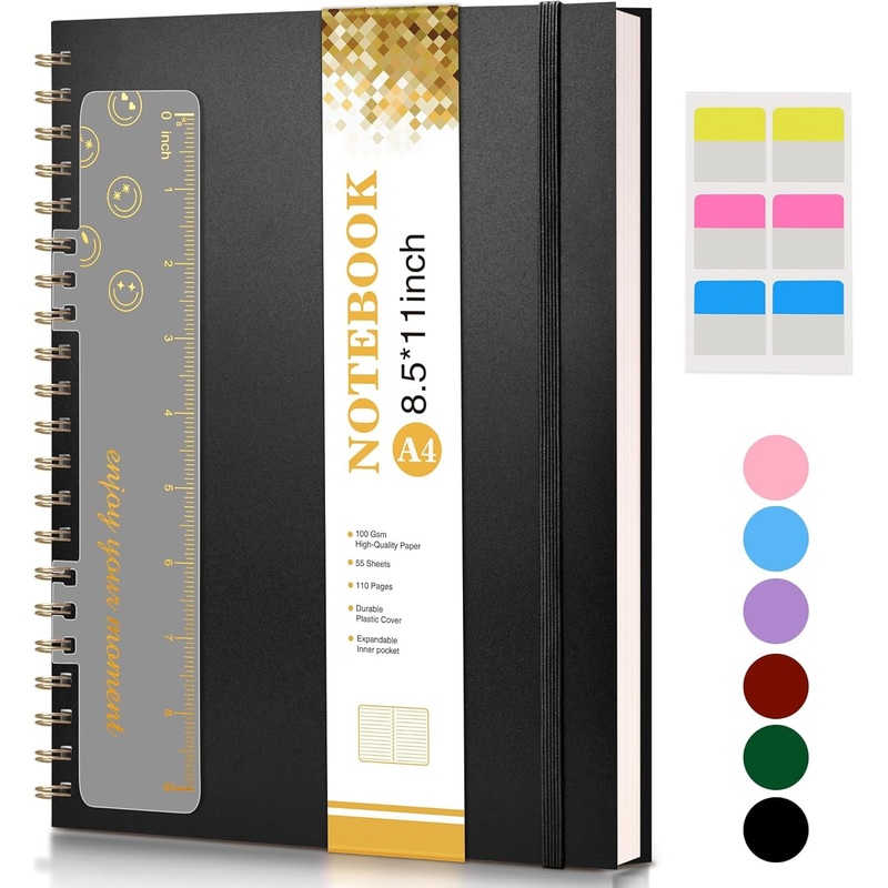 A4 Spiral Work Notebook with Ruler, 100GSM Thick Paper 110 Pages, 8.5 x 11 Inch, Black