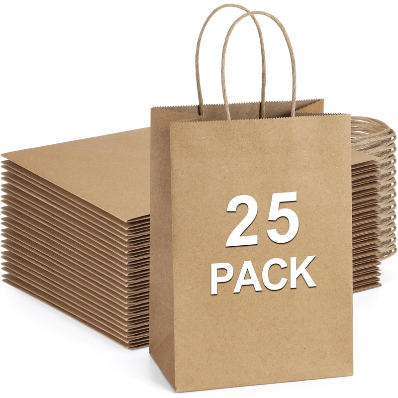 Bagdream Small Gift Bags 25Pcs 5.25X3X8 Kraft Brown Paper Bags with Handles, for Small Gifts, Birthday, Wedding Party Favor, Retail Merchandise Paper Sacks