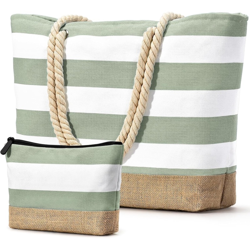 Becokan Beach Bag Initial Beach Tote with Makeup Bag for Travel Work Storage Personalized Birthday Gifts for Women Her