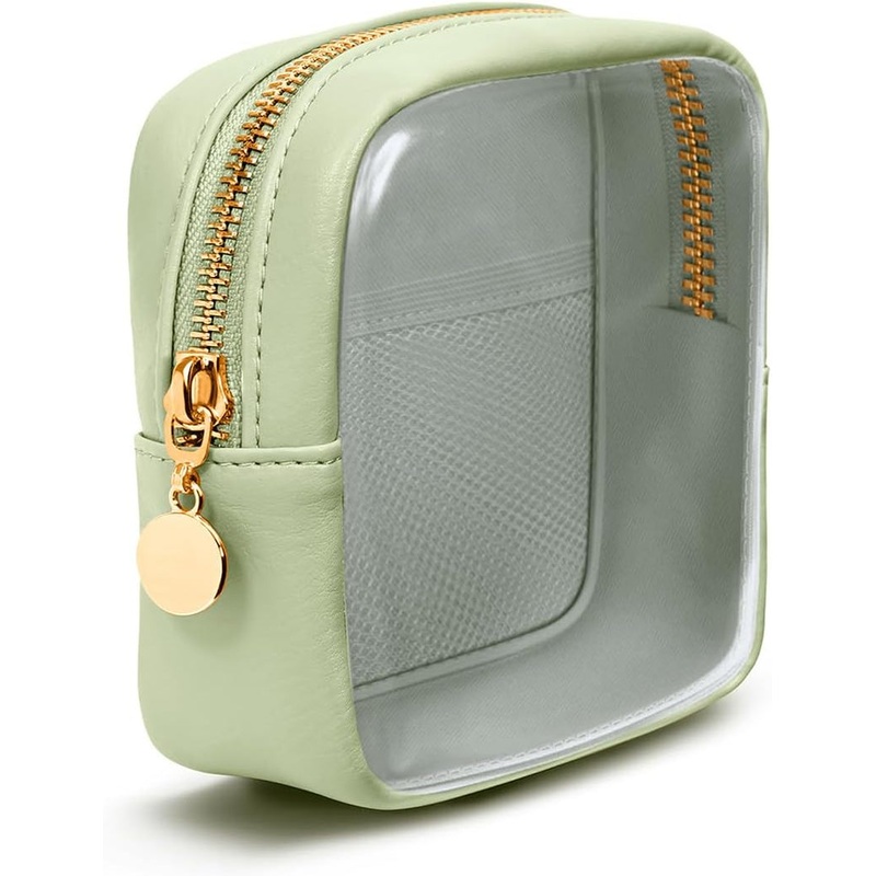 Clear Makeup Bag with Mesh Pocket & Gold Zipper, Vegan Leather Travel Toiletry Organizer