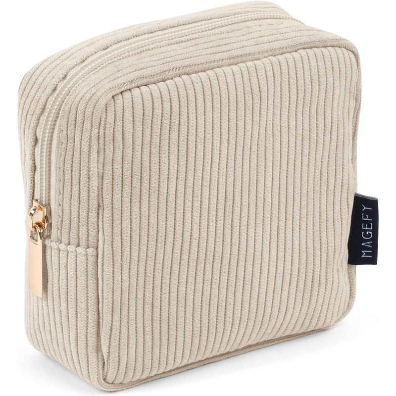 Corduroy Makeup Bag for Women with Zipper, Small-Beige-1pcs