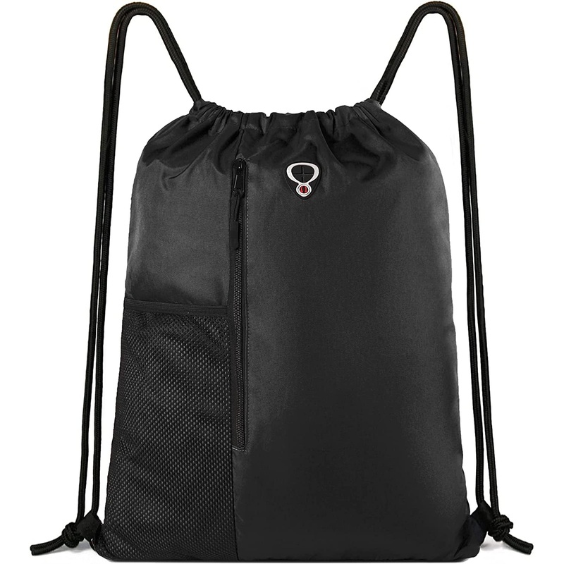 Drawstring Backpack with Zipper Pockets & Water Bottle Mesh Pockets Sports Gym Bag
