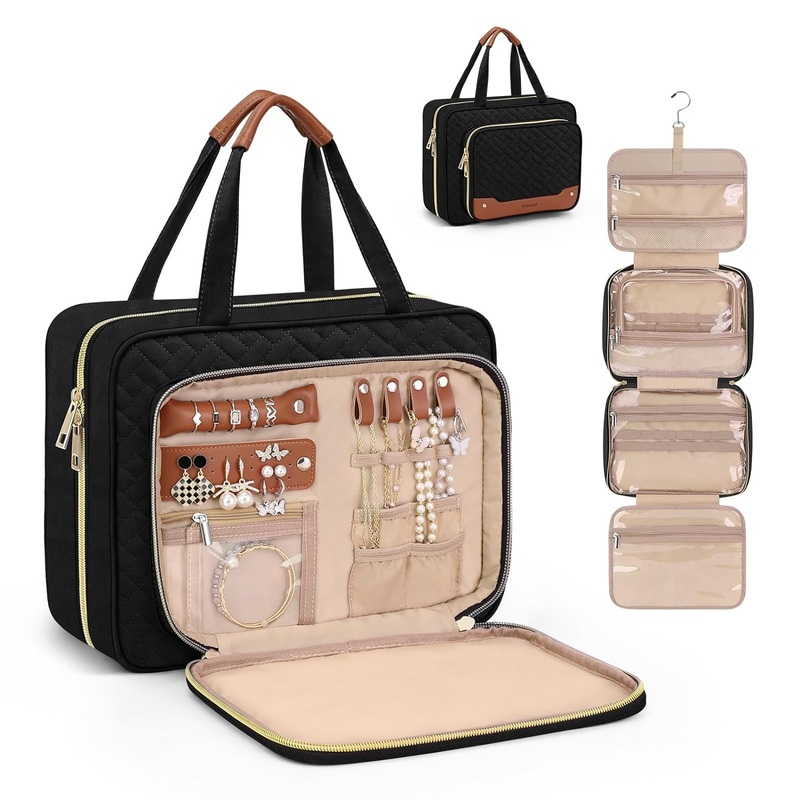 Hanging Makeup Toiletry Bag for Travel with Jewelry Organizer Compartment & Hanging Hook, Black