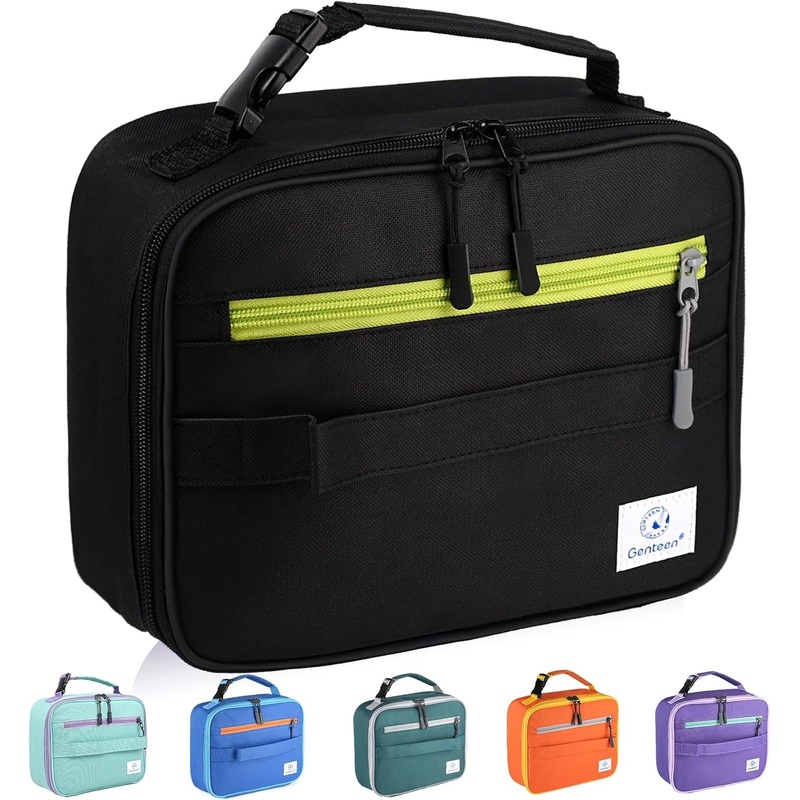 Insulated Lunch Bag for Kids to School, Double Zippers Lunch Box with Handle, Black