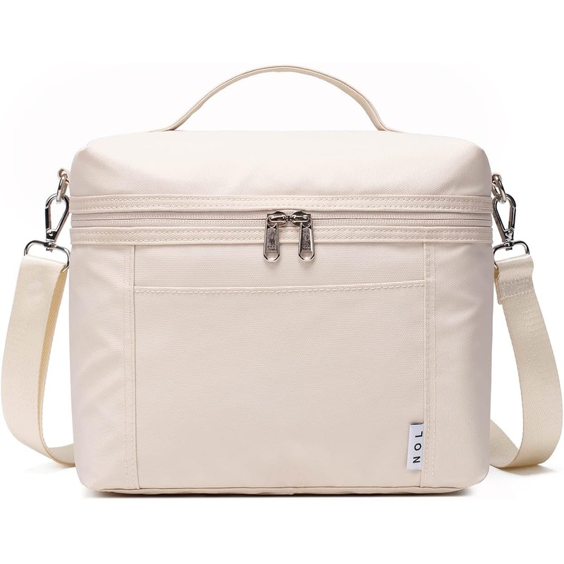 Insulated Lunch Bag, Nylon Cooler Lunch Tote Bag with Adjustable Strap, Medium, Cream