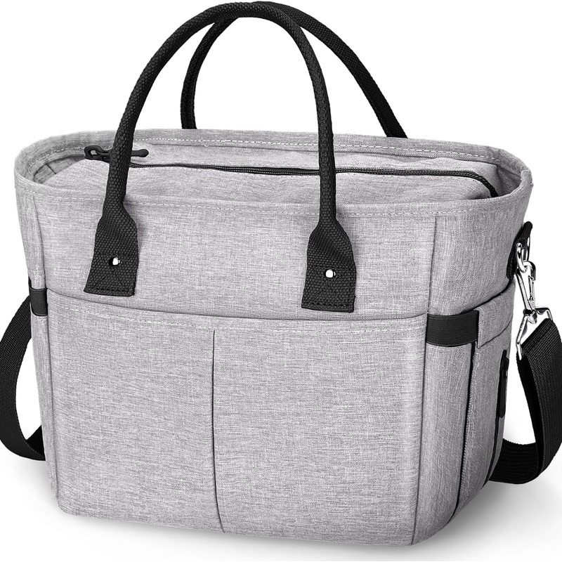Insulated Lunch Bag with Shoulder Strap, Multi Pockets & Water Bottle Holder, Gray
