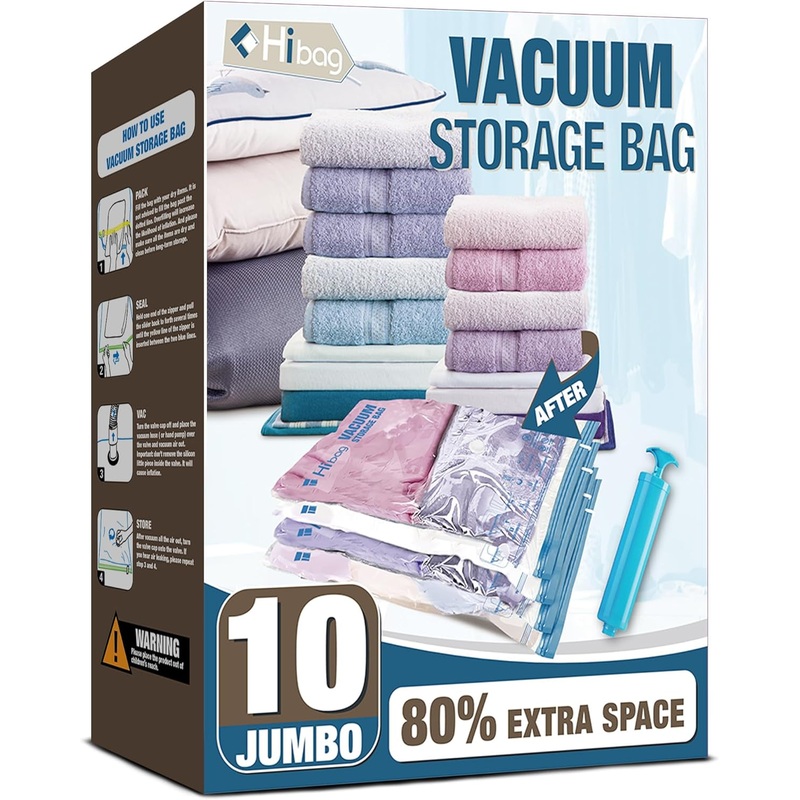 Jumbo Vacuum Storage Bags with Hand Pump for Bedding, Seasonal Clothes & Moving, 10 Pack