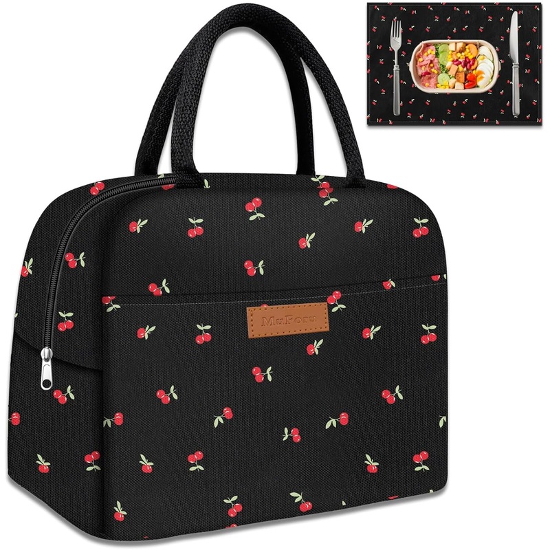 Leakproof Insulated Lunch Bag for Women with Placemats, Black Cherry