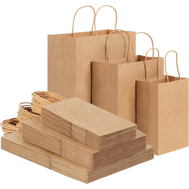 OUTUXED 120Pcs Paper Bags with Handles Assorted Sizes Kraft Brown Paper Gift Bags Bulk 3 Mixed Sizes for Retail, Party, Birthday, Gift, Shopping, Business, Merchandise
