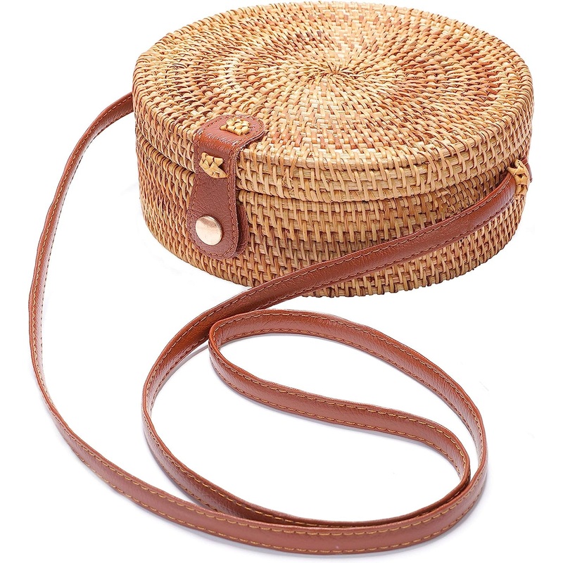 Rattan Straw Beach Bag for Women, Summer Wicker Shoulder Crossbody Bag