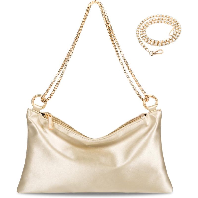 Satin Evening Handbag Wedding Clutch  Party Shoulder Bag with 2 Bag Chains