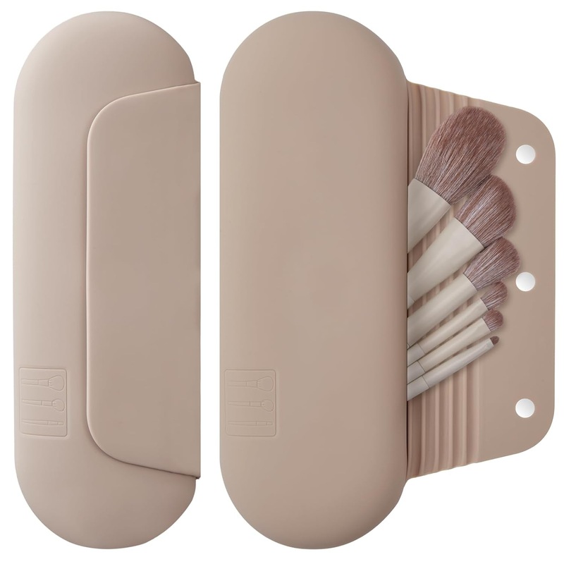 Silicone Makeup Brush Holder for Travel with Anti-Fall Out Magnetic Closure, Walnut