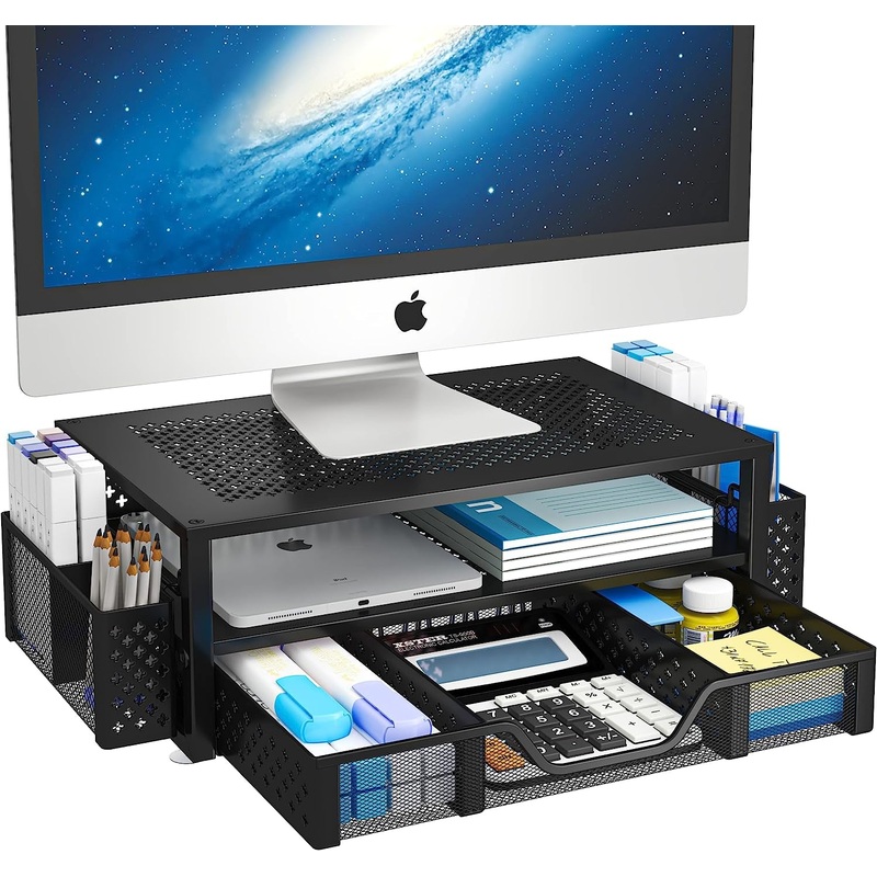 Simple Trending 2 Tier Metal Monitor Stand Monitor Riser and Computer Desk Organizer with Drawer and Pen Holder for Laptop, Computer, Imac, Black