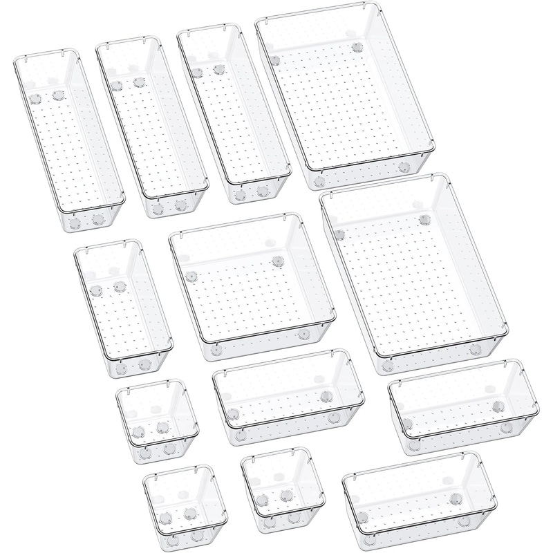 SMARTAKE 13-Piece Drawer Organizers with Non-Slip Silicone Pads, 5-Size Desk Bathroom Drawer Organizer Trays Storage Tray for Makeup, Jewelries, Utensils in Bedroom Dresser, Office and Kitchen, Clear