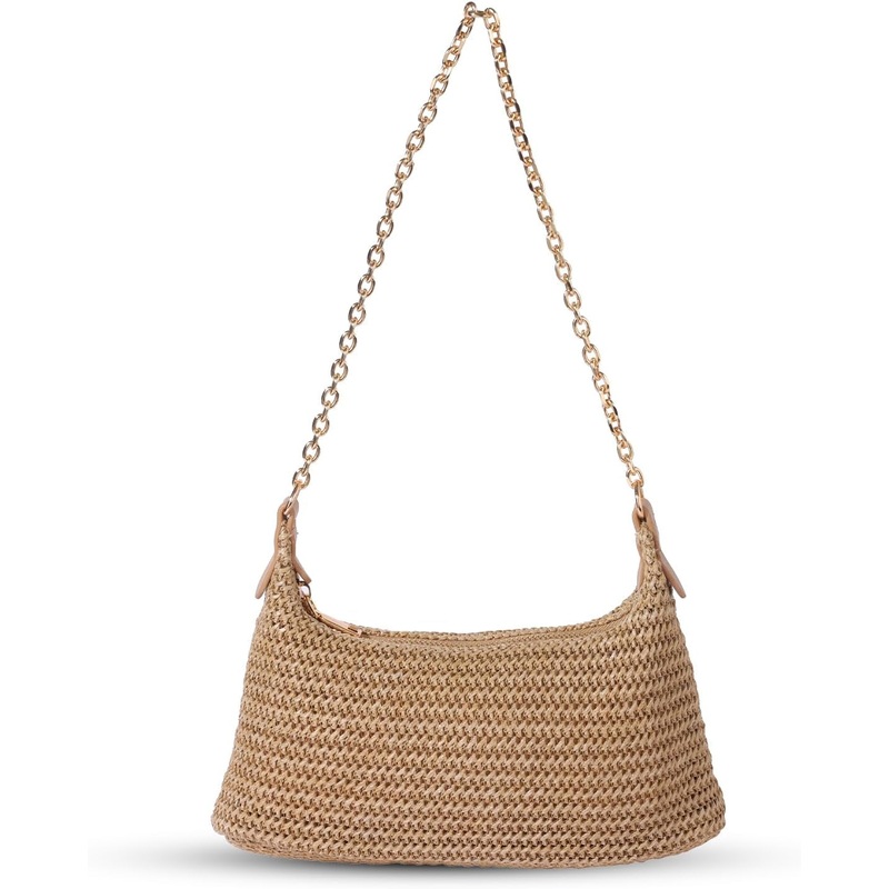Straw Beach Shoulder Bag for Women with Metal Chain Strap & Zipper Closure