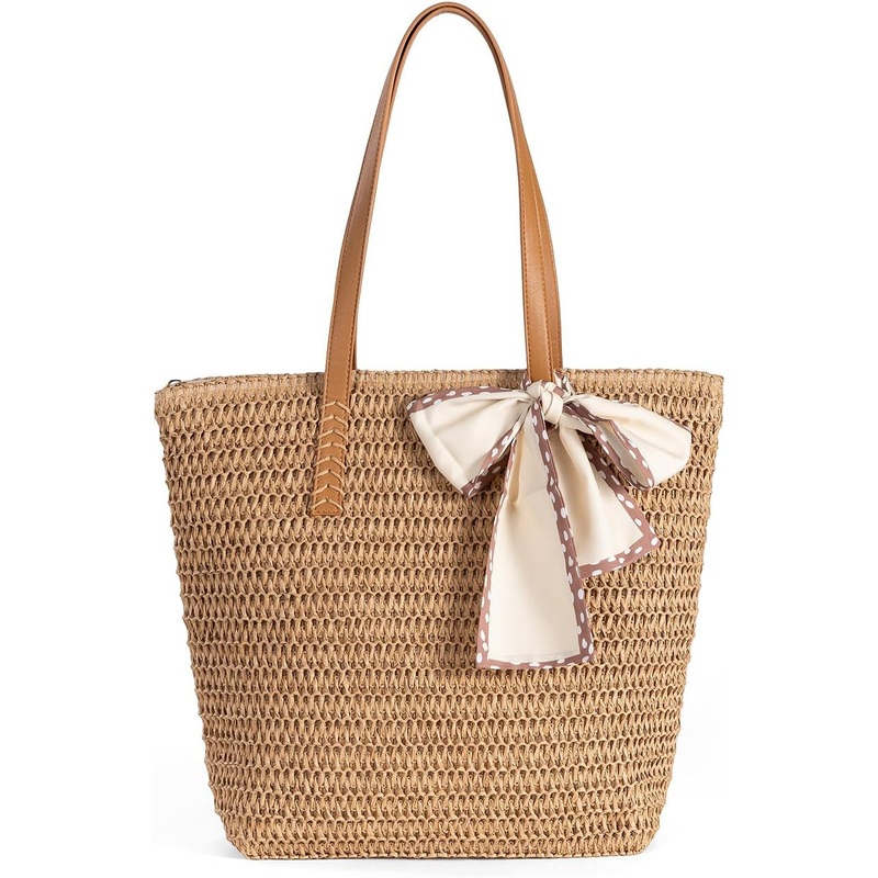 Straw Beach Tote Bag for Women, Summer Handwoven Shoulder Bag with Zip & Silk Scarf