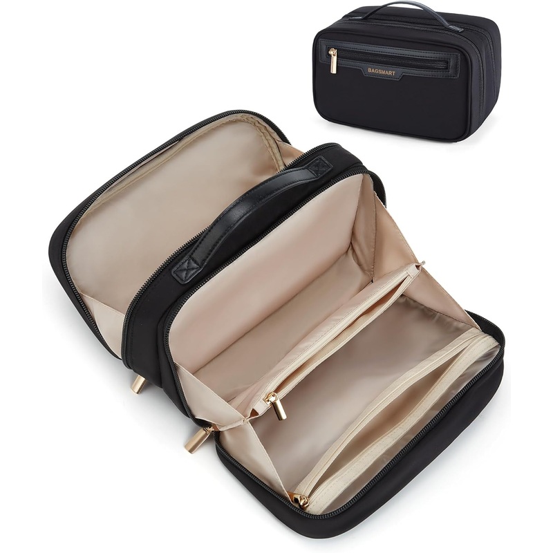 Travel Makeup Bag for Women, Multiple Compartments Cosmetic Organizer, Black