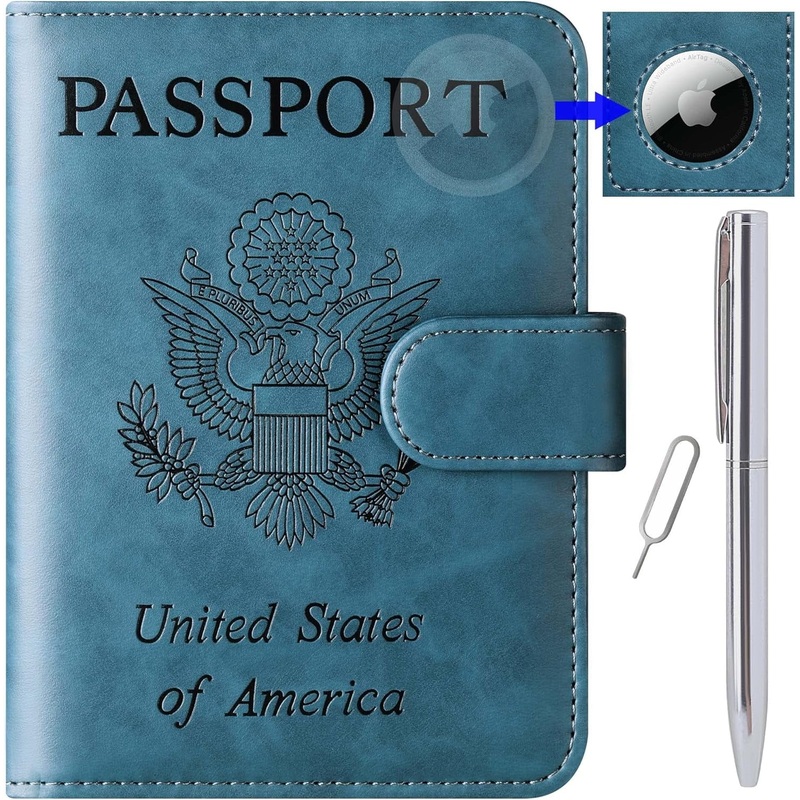 Travel Passport Wallet with Airtag Slot, Metal Pen & SIM Pin, Unisex, Blue