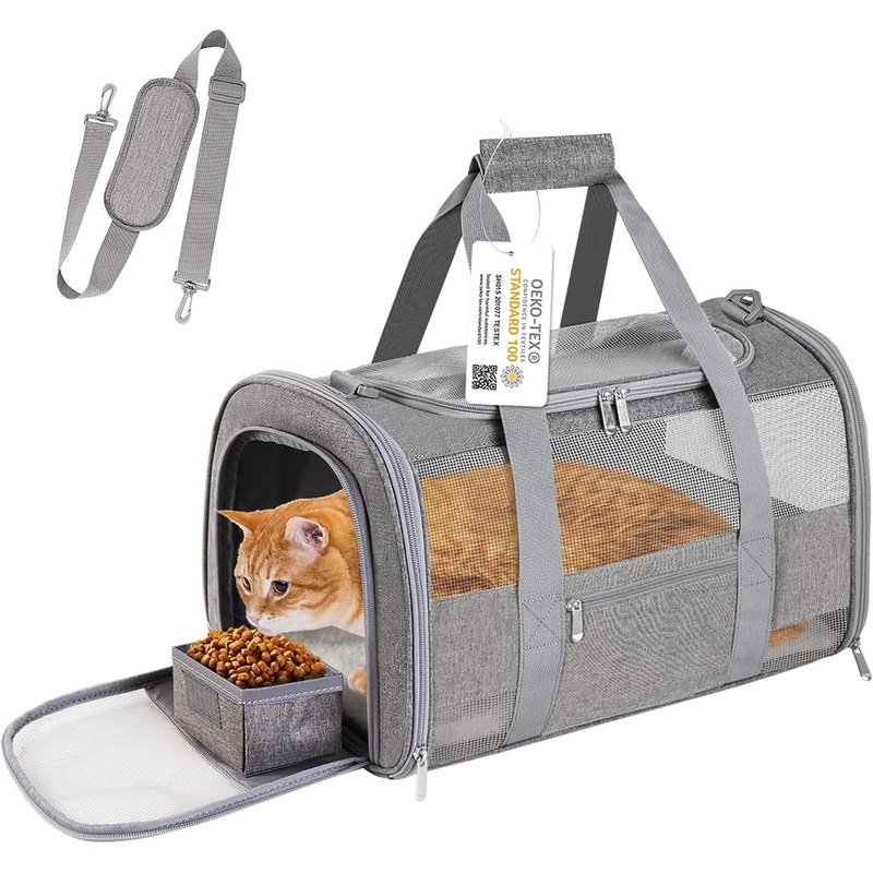 TSA Approved Pet Travel Carry Bag with Feeding Bowl Breathable Mesh and Safety Leash for Pet Up to 18 lbs
