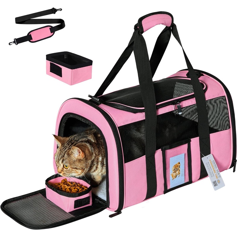 TSA Approved Travel Pet Carrier with 4 Mesh Windows Collapsible Bowl and Wool Padding for Pet Up to 15 lbs